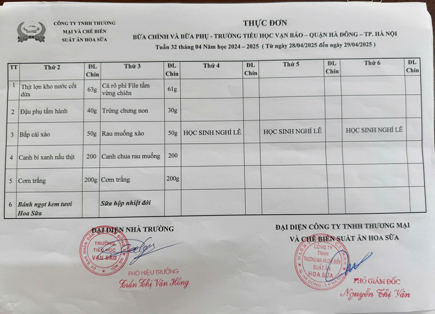 Thực đơn Tuần 32, Tuần 33