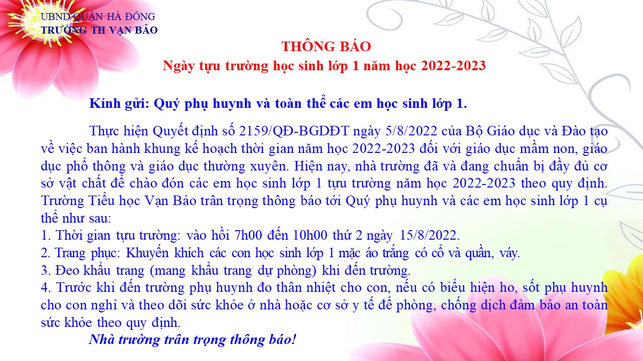 Thông báo tựu trường lớp 1