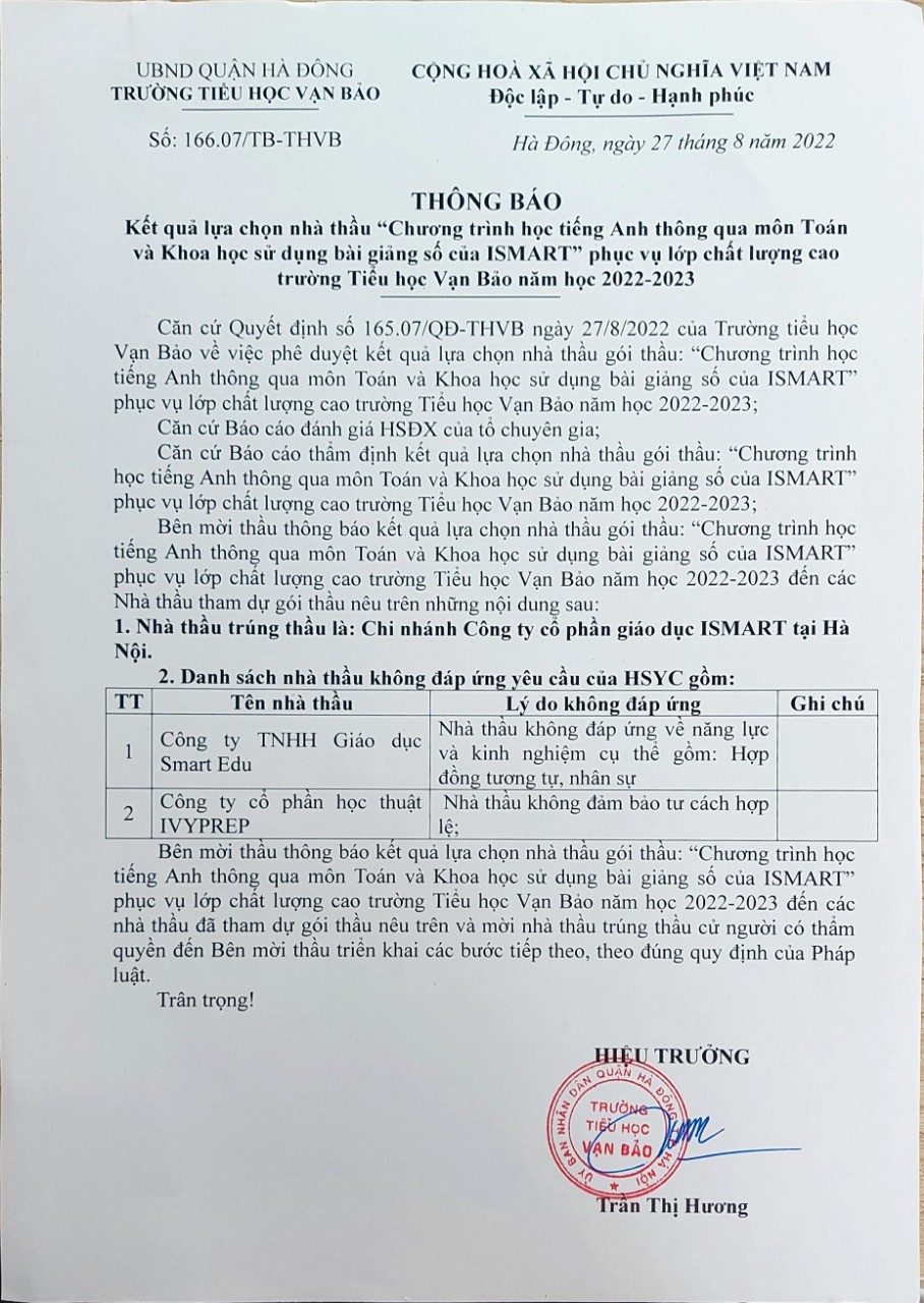 Thông báo Kết quả lựa chọn nhà thầu "Chương trình học tiếng Anh thông qua môn Toán và Khoa học sử dụng bài giảng số của ISMART" phục vụ lớp chất lượng cao trường Tiểu học Vạn Bảo năm học 2022-2023
