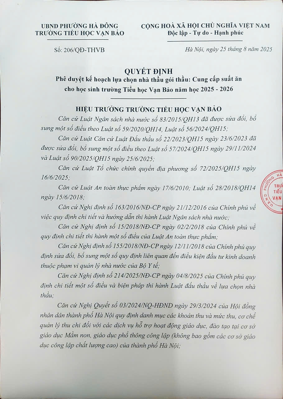 Quyết định lựa chọn gói nhà thầu: Cung cấp suất ăn cho học sinh trường Tiểu học Vạn Bảo  năm học 2025-2026