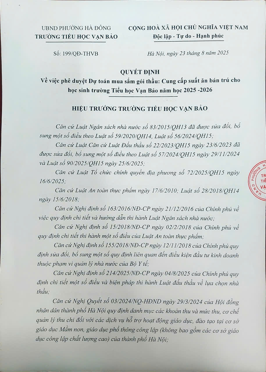 Quyết định về việc phê duyệt dự toán mua sắm gói thầu: Cung cấp suất ăn bán trú cho học sinh trường Tiểu học Vạn Bảo năm học 2025-2026